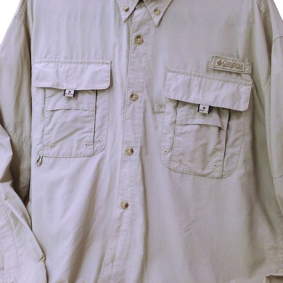 Vintage 90s Columbia PFG Shirt OmniShade Mens-M Pockets LSL Nylon Beige - Picture 3 of 10